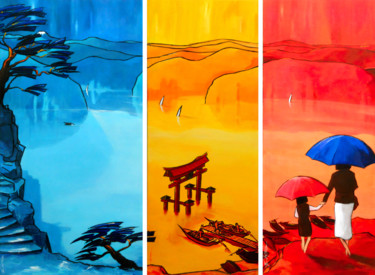 Tokyo, triptyque estamplatif variations bleue, jaune rouge